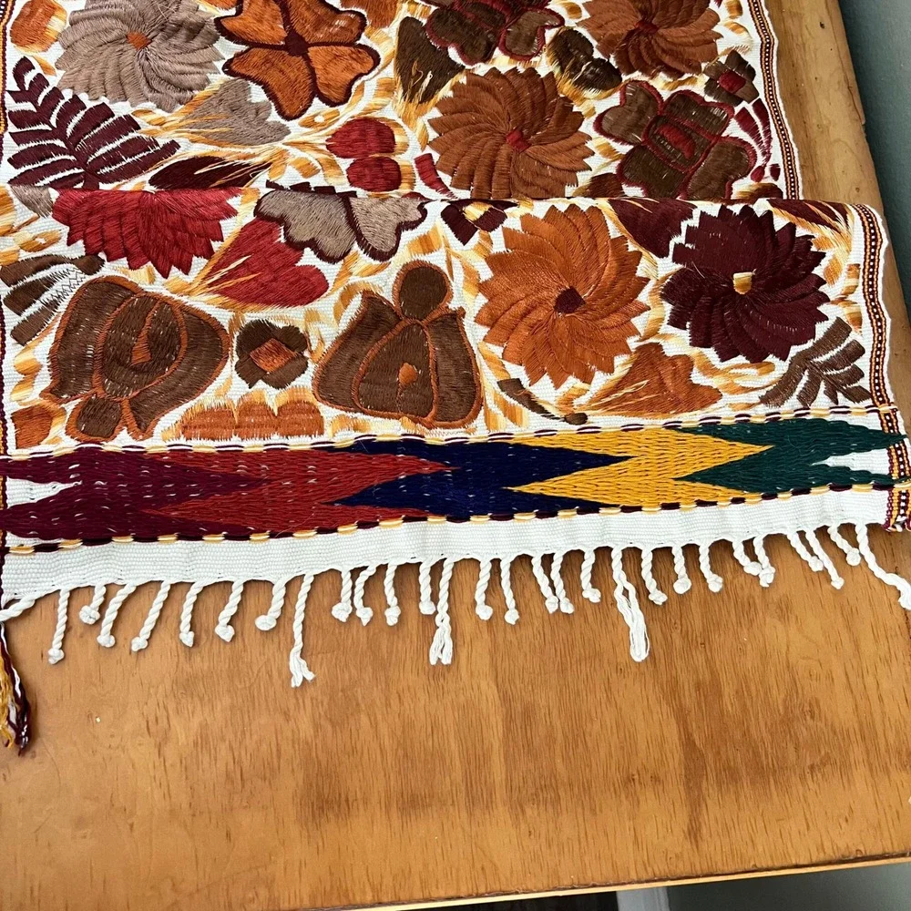 Vintage Mexican Folk Art Embroidered Table Runner Floral Earth Tones 49x18